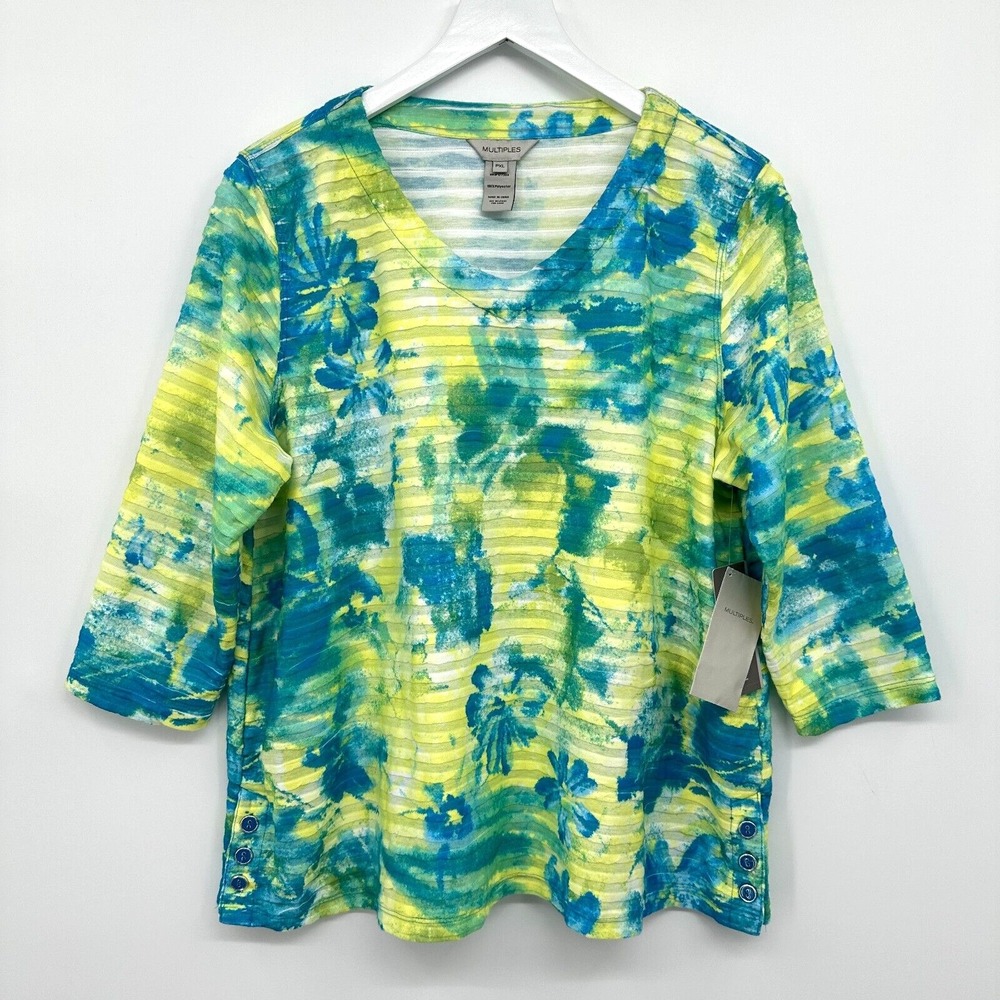 Multiples Top Shirt Blouse Size PXL Floral Stretch 3/4 Sleeve Textured‎ Boho New